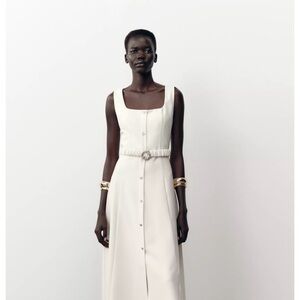 Elegant Zara Cream Belted Midi Sleeveless Dress|Medium|3564/158/712